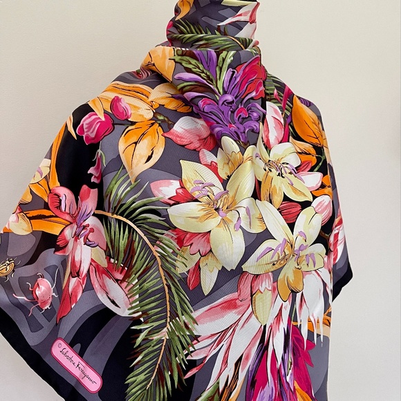 Salvatore Ferragamo Scarf Butterfly Flowers Black Multicolor Silk Wrap - Picture 2 of 16